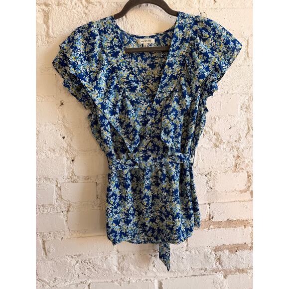 Max Studio Tops - Max Studio Blue Floral Wrap Blouse Womens L V Neck Tie Back Short Sleeve Top